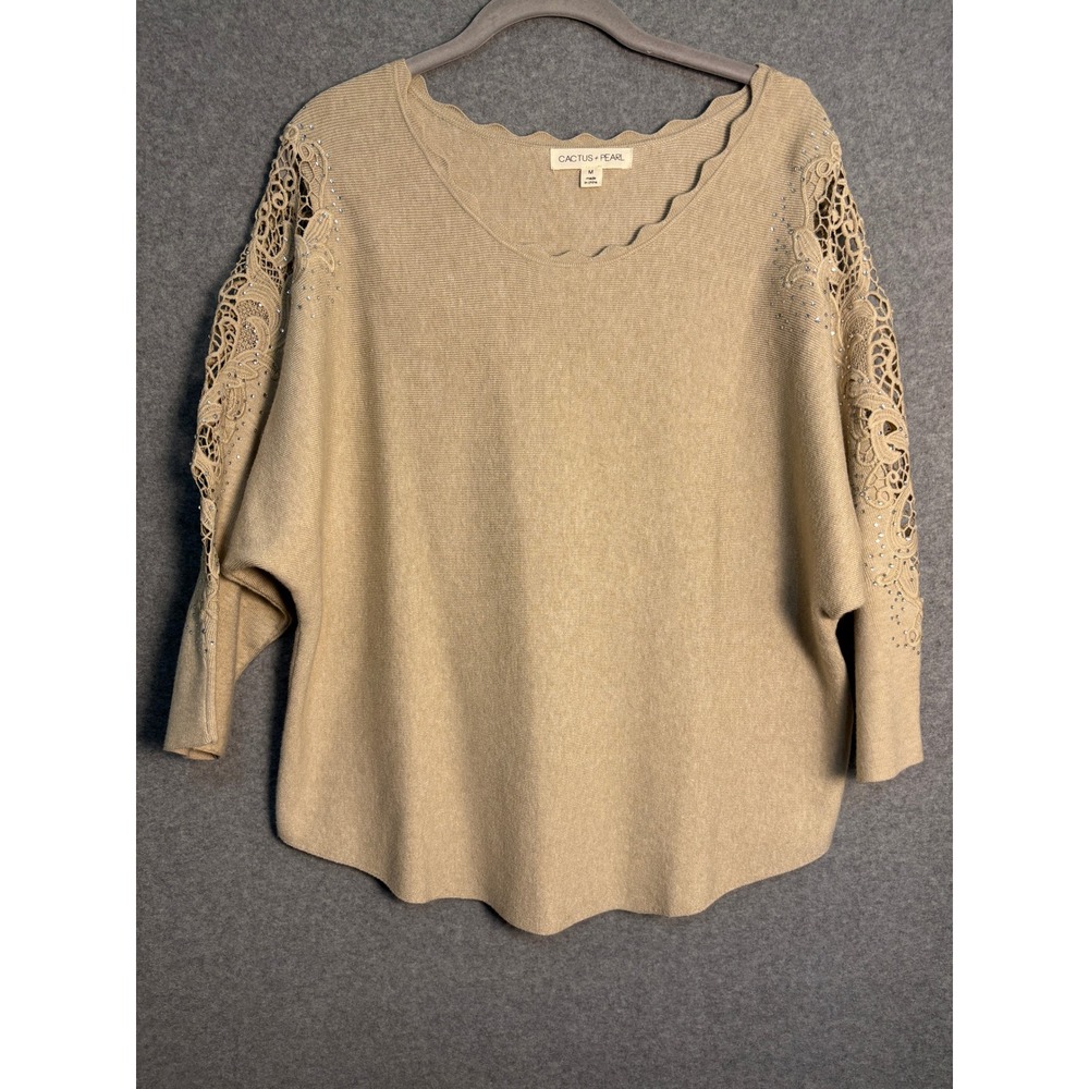 Cactus + Pearl Women's Beige Crochet Lace Sweater Medium Scallop Neck Boho Top